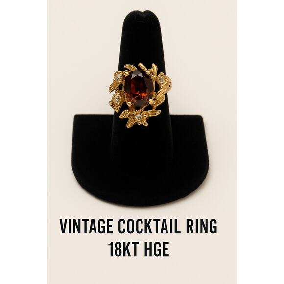 Vintage 18KT HGE Cocktail Ring Brown Oval Cut Glass Stone and Clear Glass Stones - Picture 1 of 11